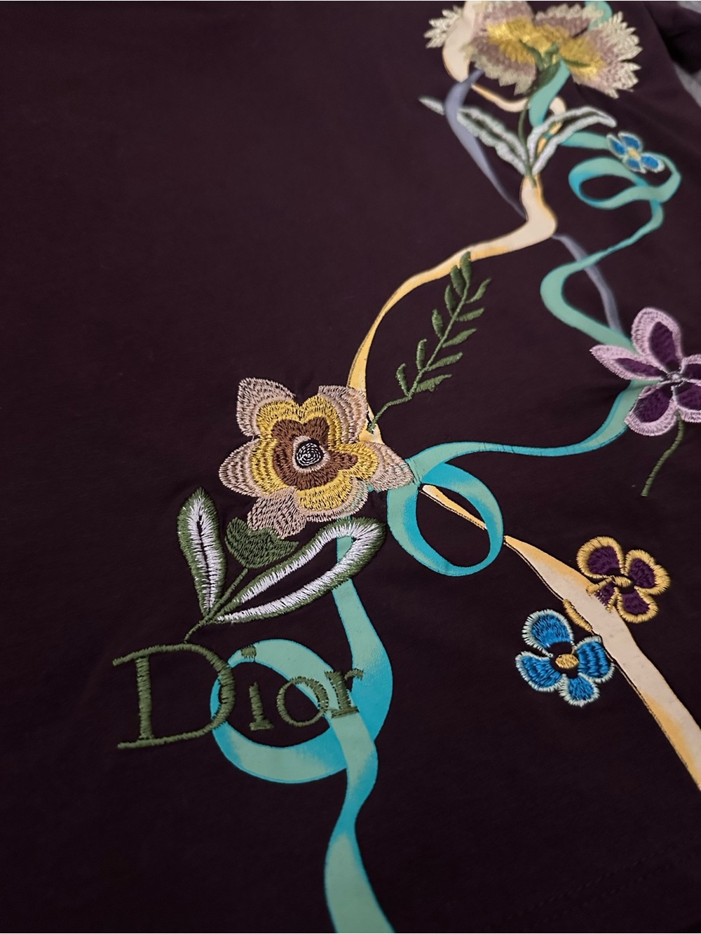 Dior Brown Short-Sleeve Tee with Multicolor Floral Embroidery - Picture 2 of 6